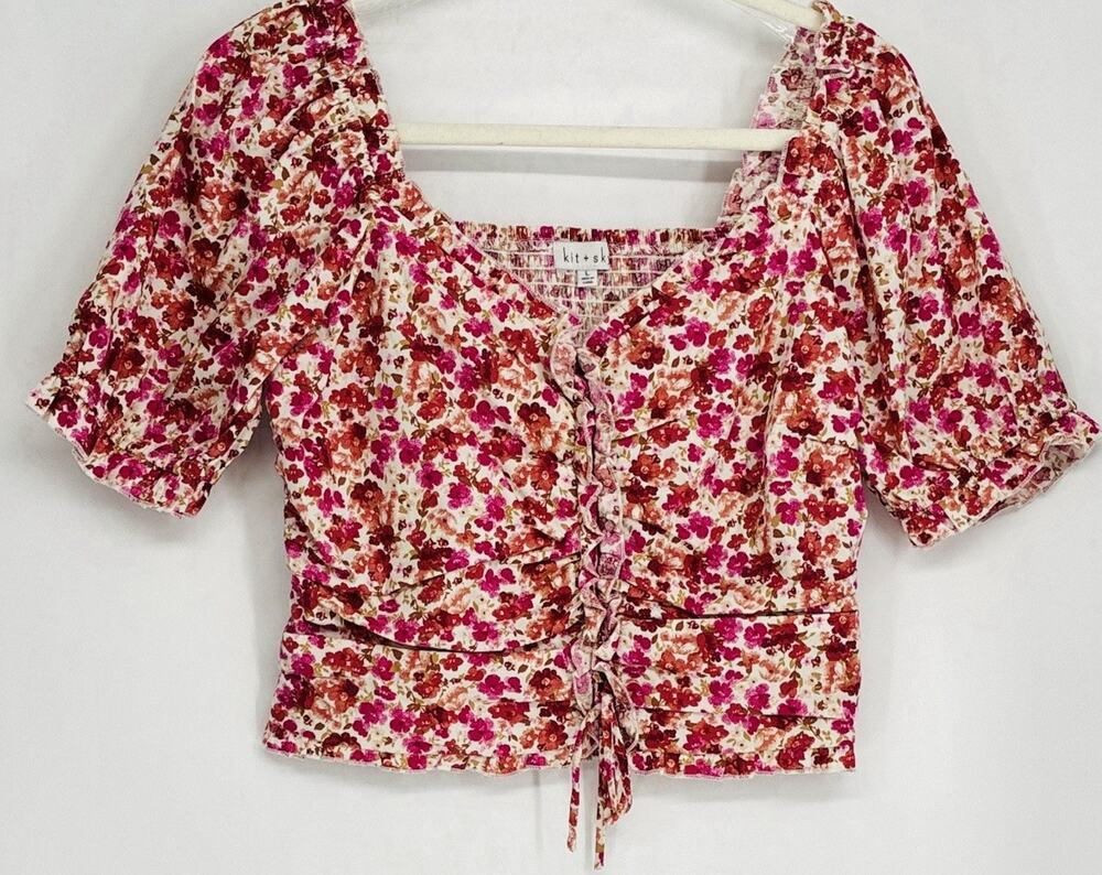 Kit + Sky Floral Ruched Tie Front Crop Top L Puff Sleeve Cottagecore